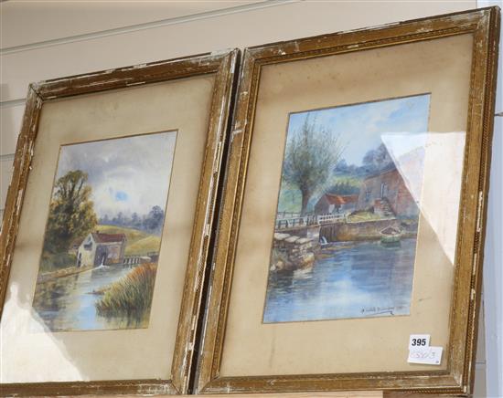 R. Esdaile Richardson, pair of watercolours, Views of a watermill, signed and dated 1901, 35 x 25cm.